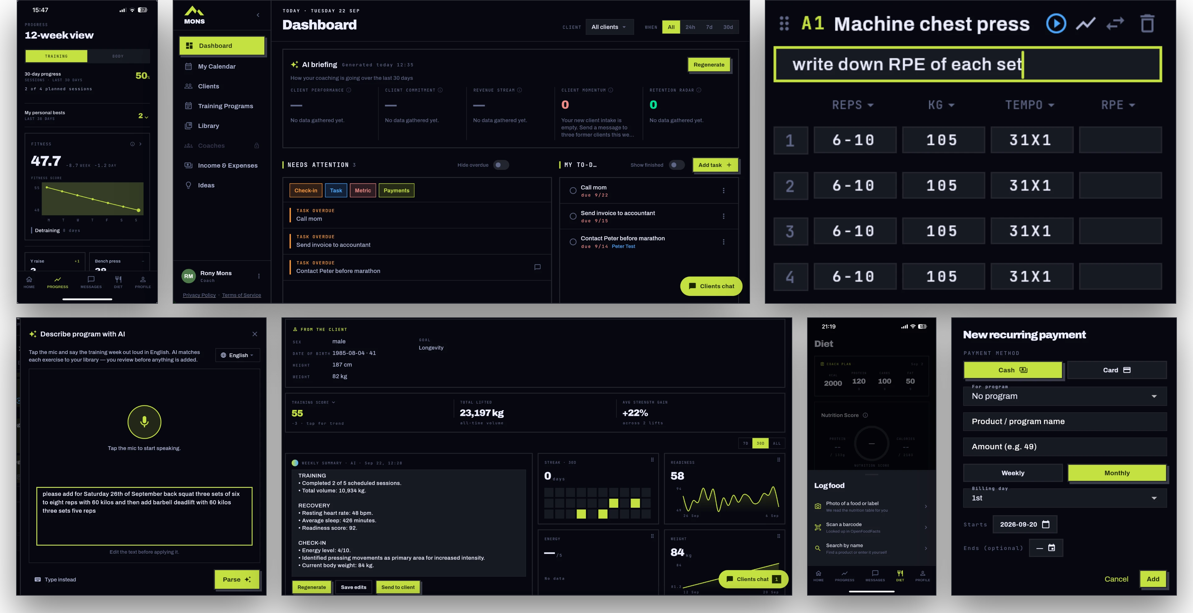 The MONS coach workspace: dashboard with AI briefing, client metrics, workout logging, recurring payments and describing a program to AI