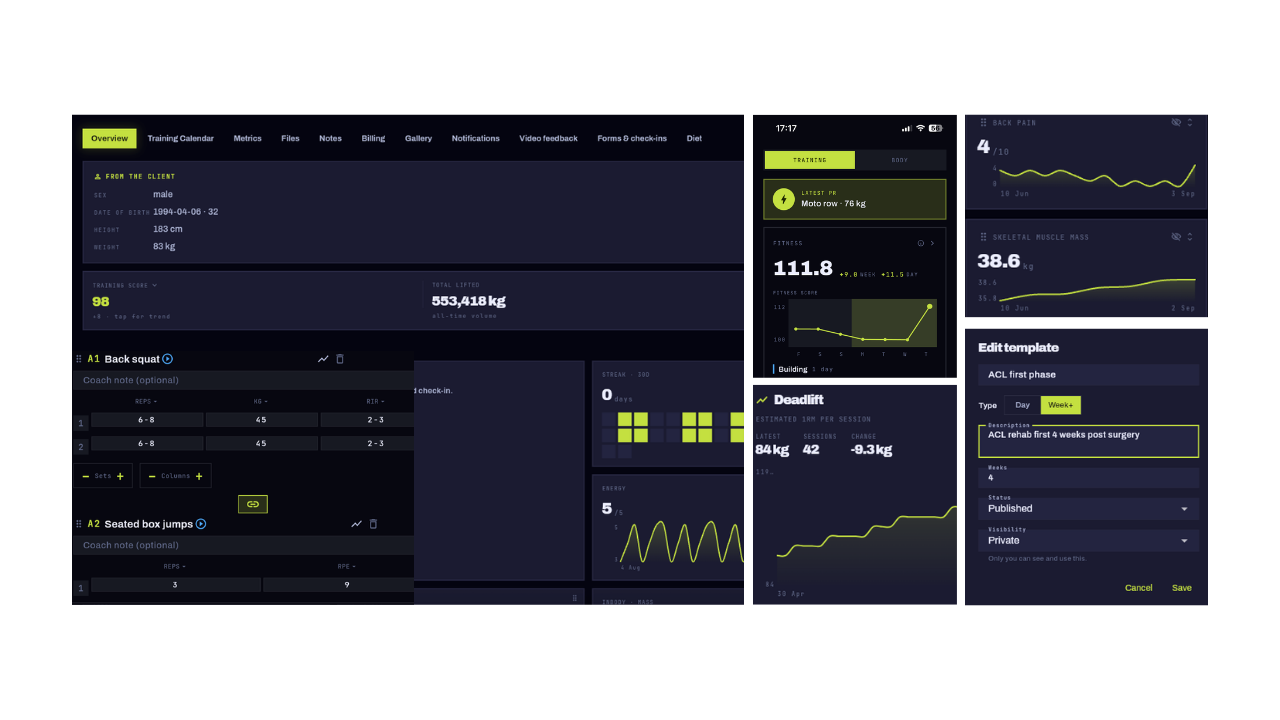 The MONS coach workspace: client card, programme builder, metrics and the client app