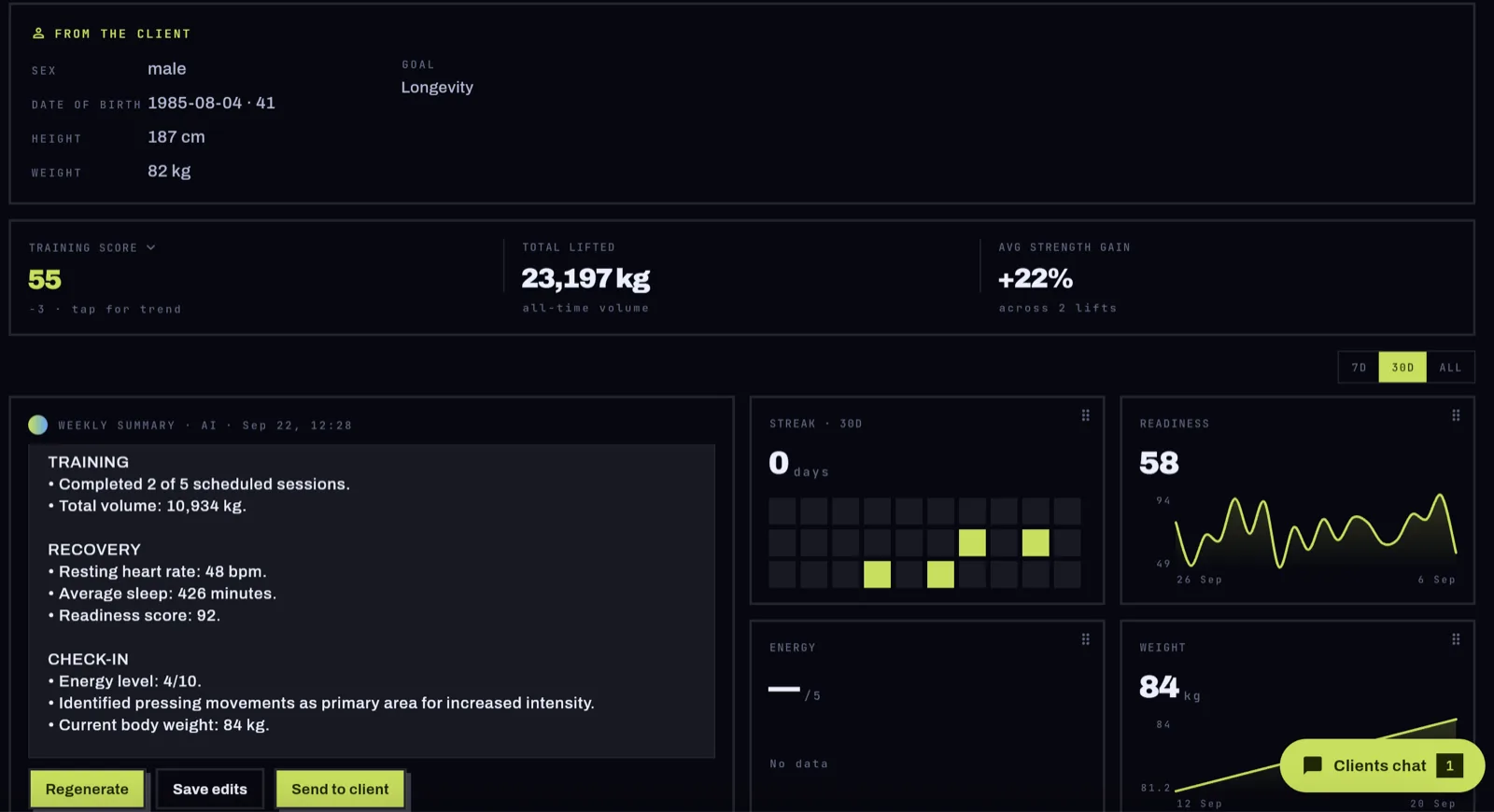 A client’s profile with training, recovery and check-ins