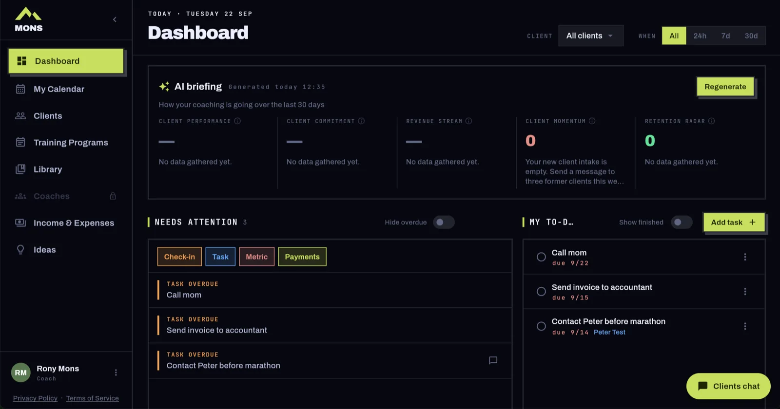 Coach dashboard with the AI briefing