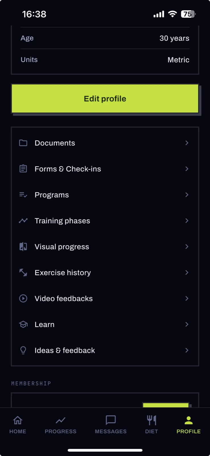 Client app menu